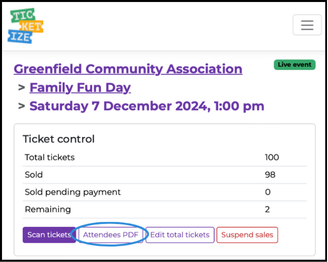event attendee PDF button