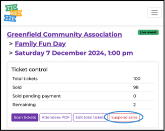 Screenshot of Ticketize.co.uk navigation to suspend sales